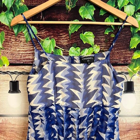 Chanel 100% Silk Chiffon Midi Dress EU 36 US 4 Small Sleeveless Blue White - Picture 2 of 13